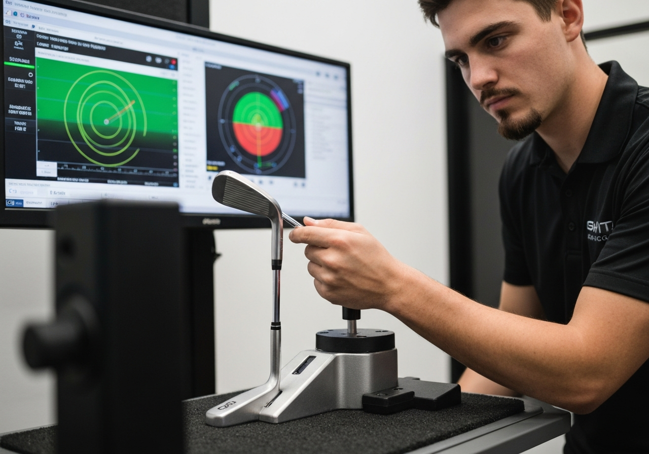 Golf club fitting technician adjusting lie angle of Callaway iron while launch monitor displays shot data