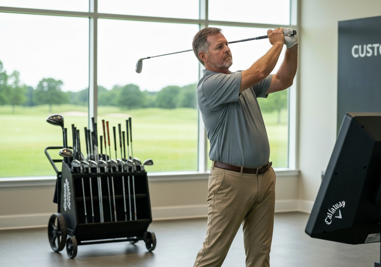 Golfer undergoing custom club fitting with Callaway Paradym irons and launch monitor