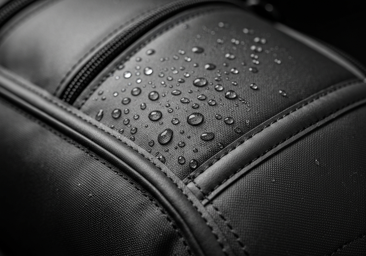 Fully taped seam on a waterproof golf cart bag showing water resistance