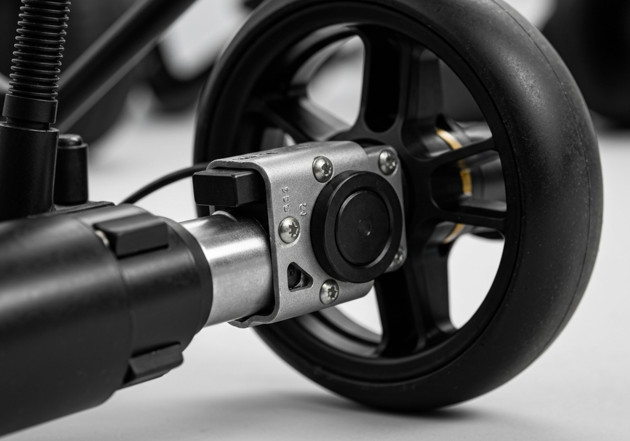 Close-up of electronic parking brake and wheel assembly on a modern three-wheel golf trolley