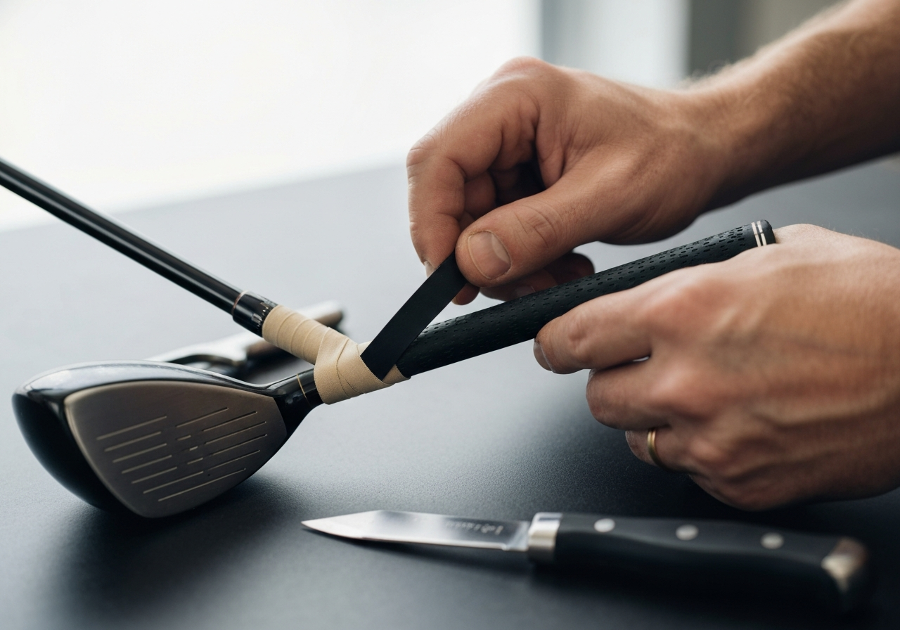 Golfer applying grip solvent and sliding on a new golf grip