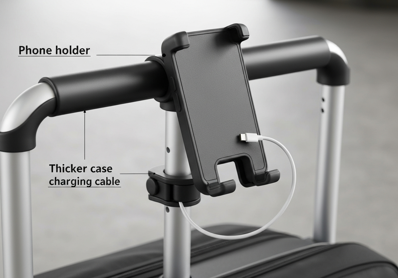 Bag Boy trolley phone holder accommodating iPhone 15 Pro Max in thick case with USB-C charging
