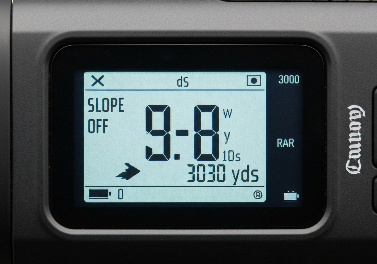 Callaway 300 Pro LCD display showing yardage measurement with slope mode disabled