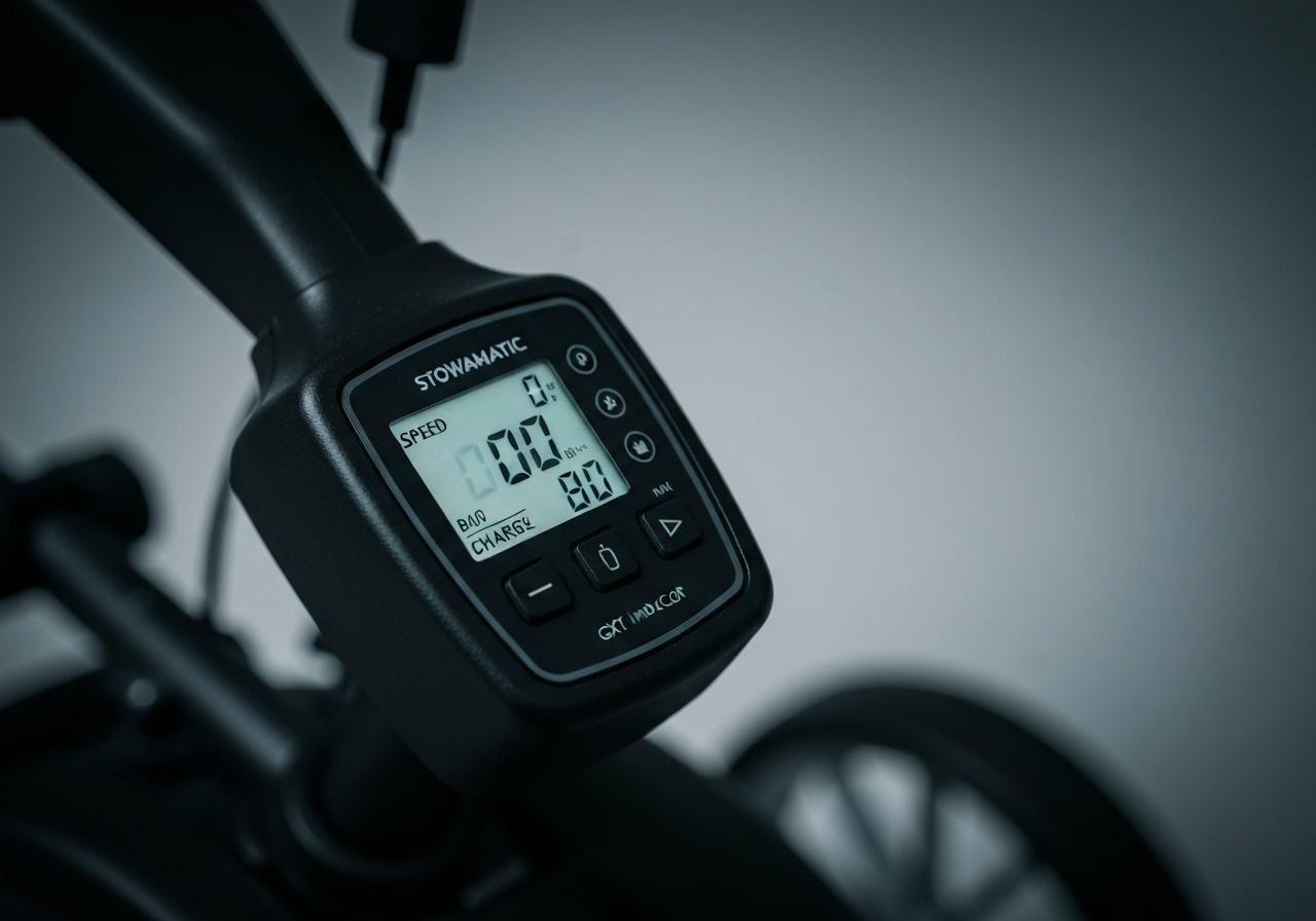 Stowamatic GXT control panel with speed settings and battery display