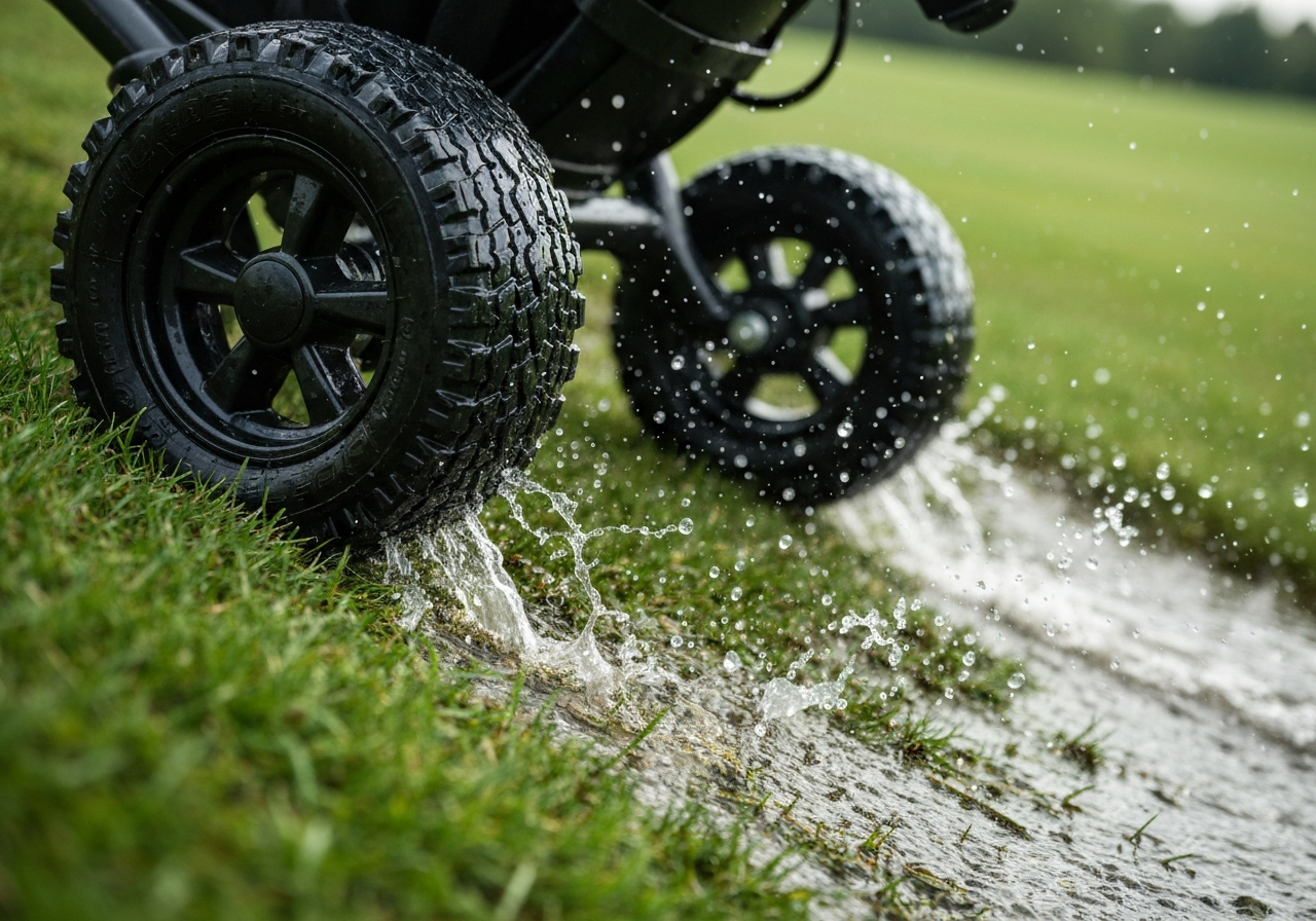 Electric trolley tire traction on wet grass demonstrating all-terrain performance