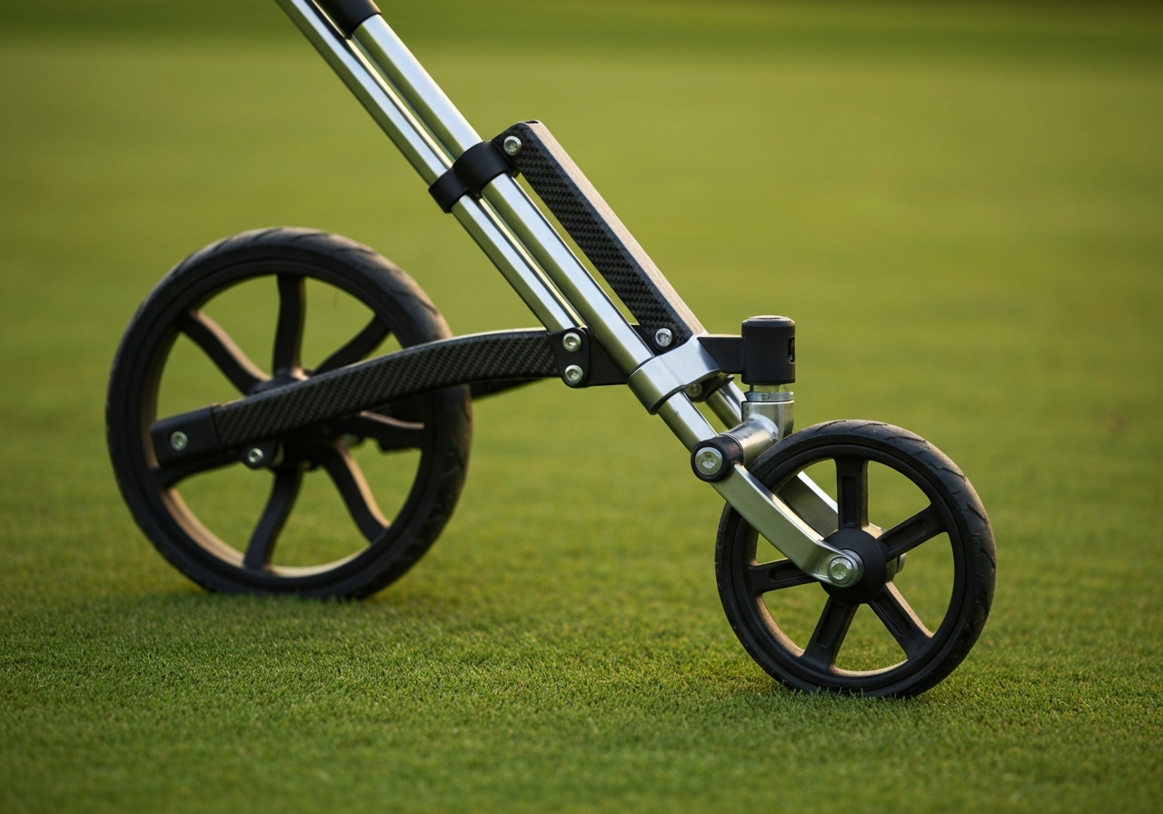 Durable wheels and compact folding mechanism on 3-wheel golf trolley