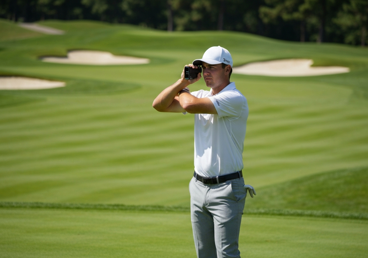 Golfer demonstrating proper elbow-bracing technique for steady rangefinder aim
