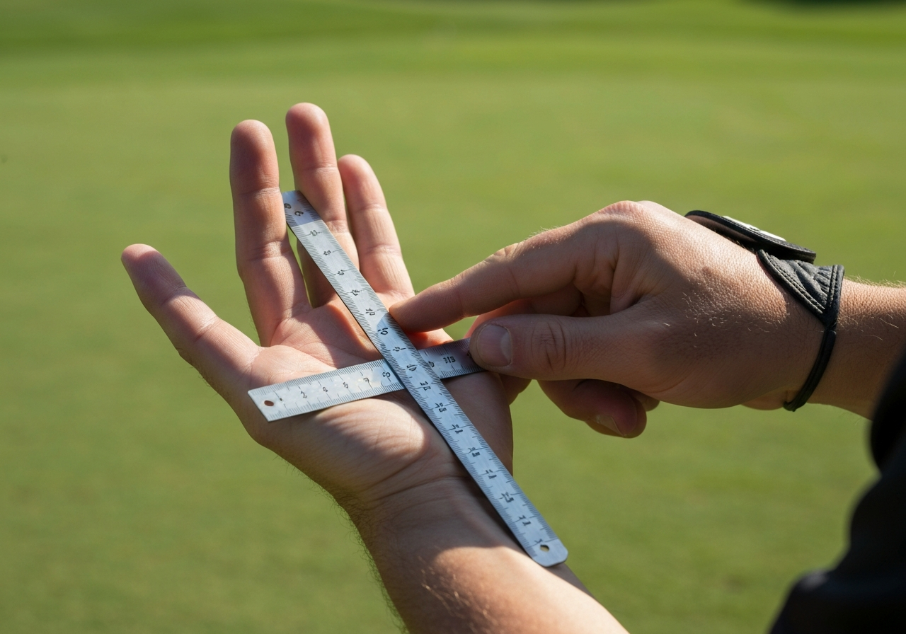 Measuring hand for correct golf grip size using length and finger circumference