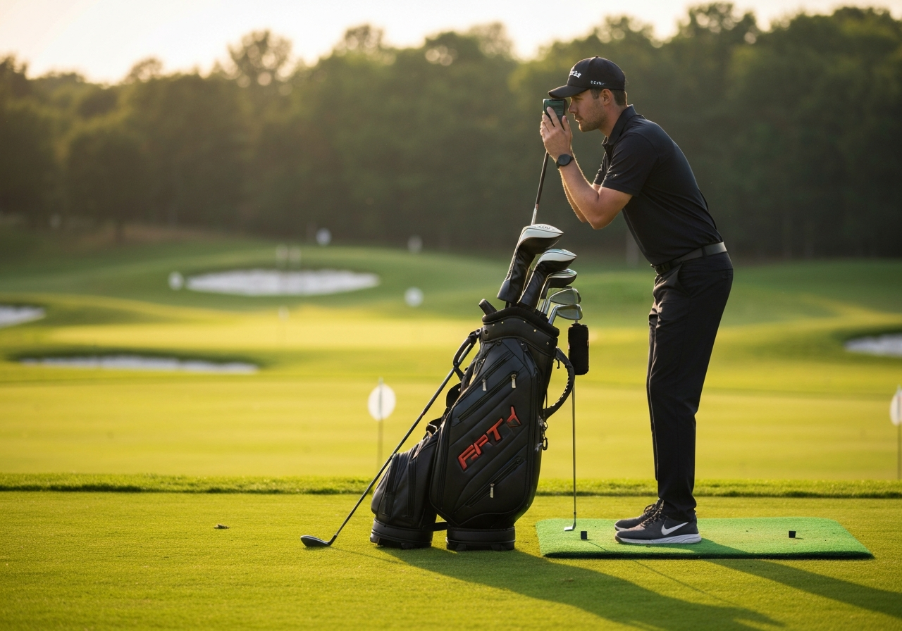 Golfer practicing pre-shot routine with rangefinder and organized cart bag at driving range
