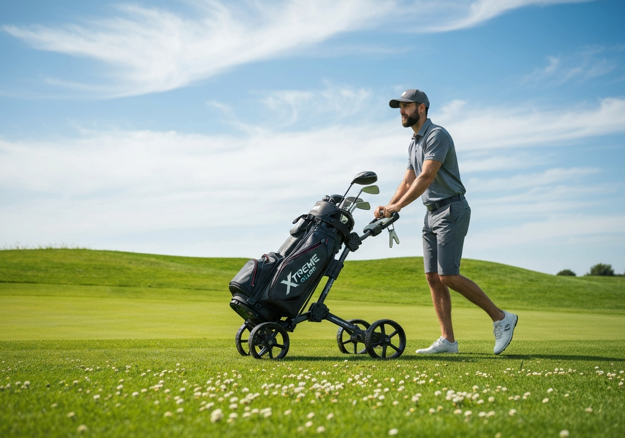 Golfer pushing the Xtreme Glider Quick Fold 3 Wheel Golf Trolley on a grassy fairway