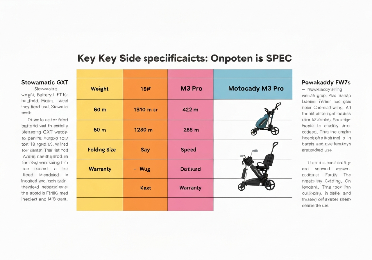 Stowamatic GXT vs Motocaddy vs Powakaddy specification comparison