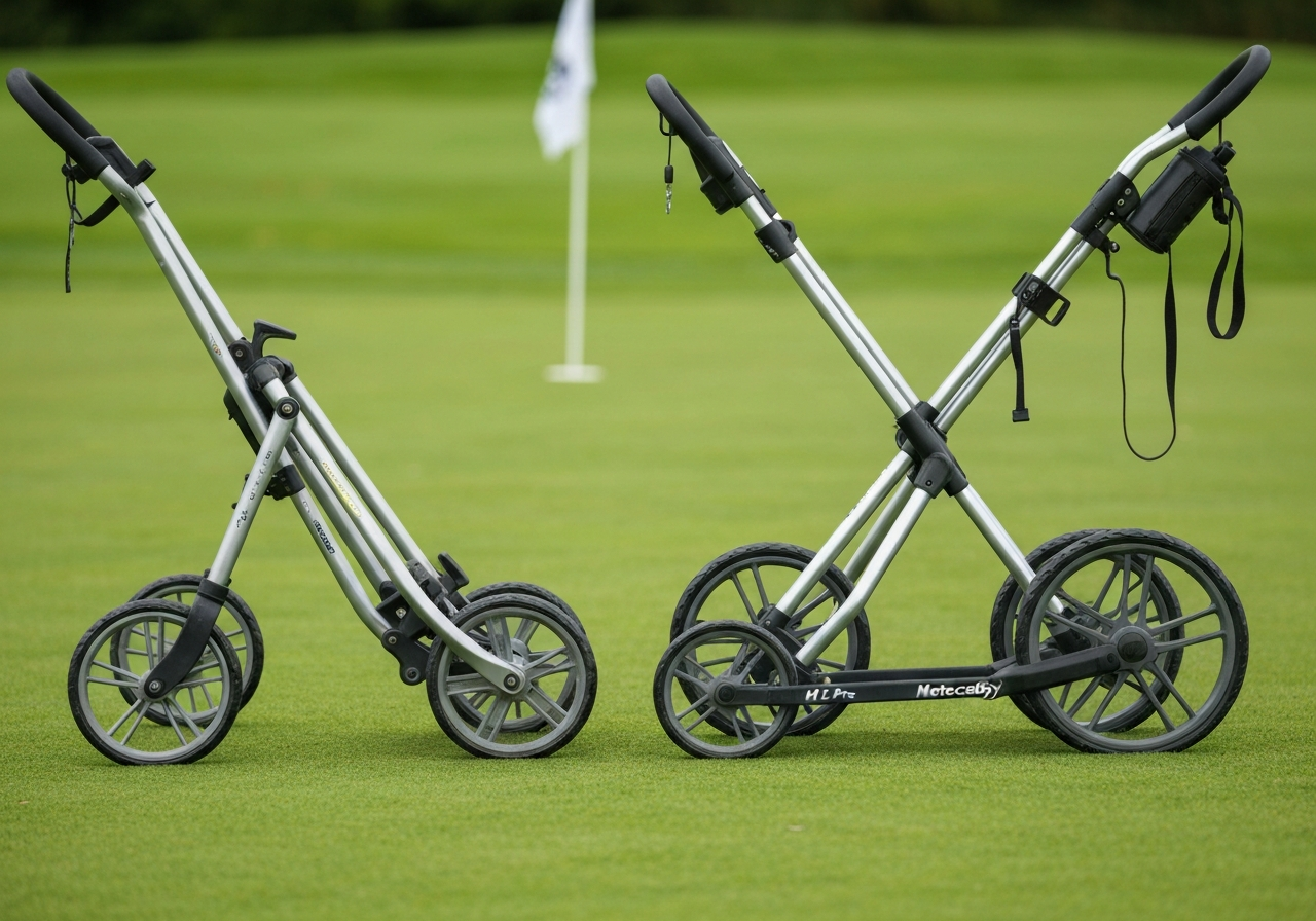 Blade Golf Trolley vs Clicgear 3.5+ vs Motocaddy M1 Pro side by side on a golf course