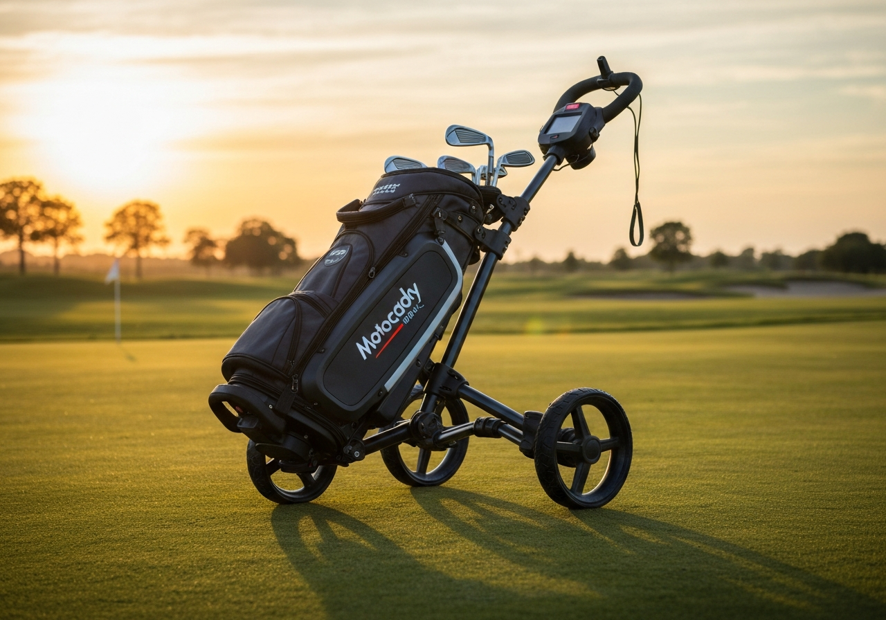 Comparison of top three-wheel golf trolleys: Motocaddy M5 DHC, Powakaddy FX3, and Stewart Golf Q Follow