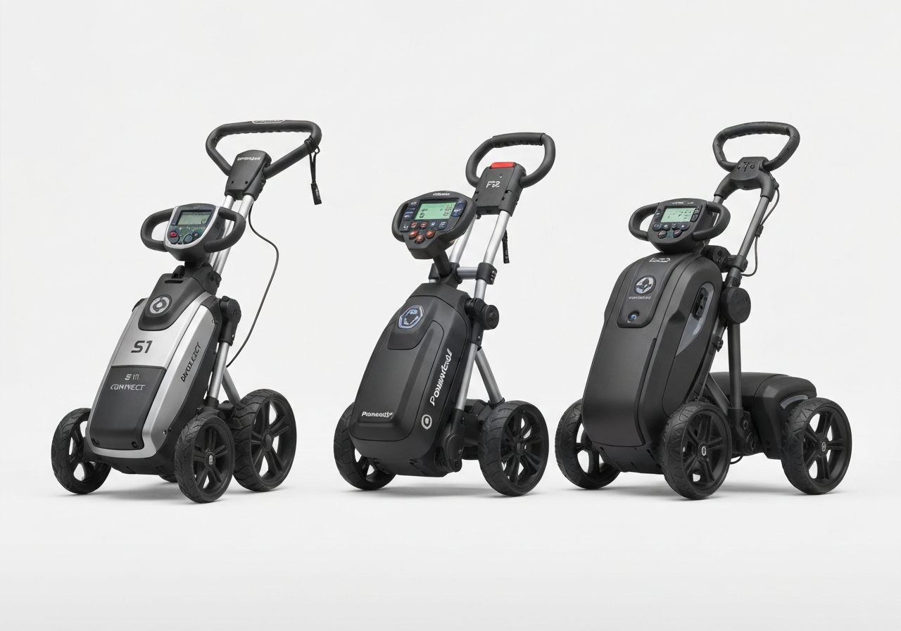 Comparison of 2024 lightweight electric golf trolleys: Motocaddy S1 Connect, PowaKaddy FX3, Big Max iQ+ Pro