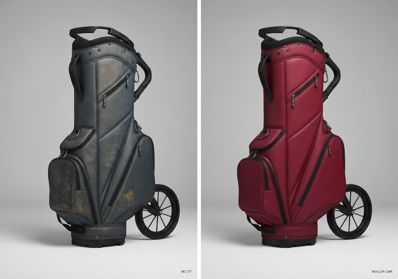 Well-maintained golf cart bag vs. neglected bag showing dirt, stuck zipper, and frayed straps