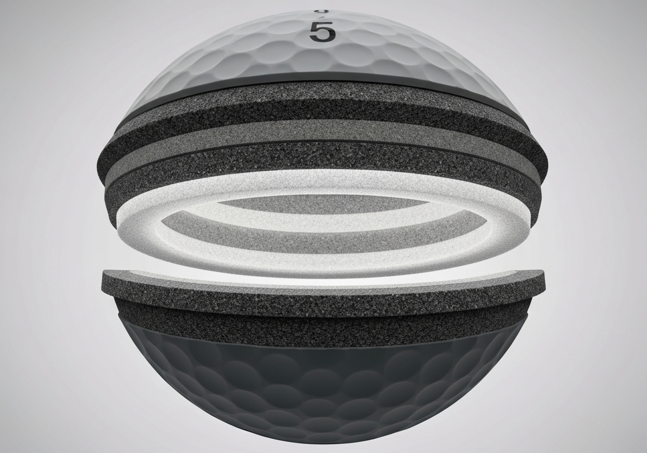 Callaway Chrome Soft golf ball cutaway showing Dual SoftFast Core and urethane cover layers