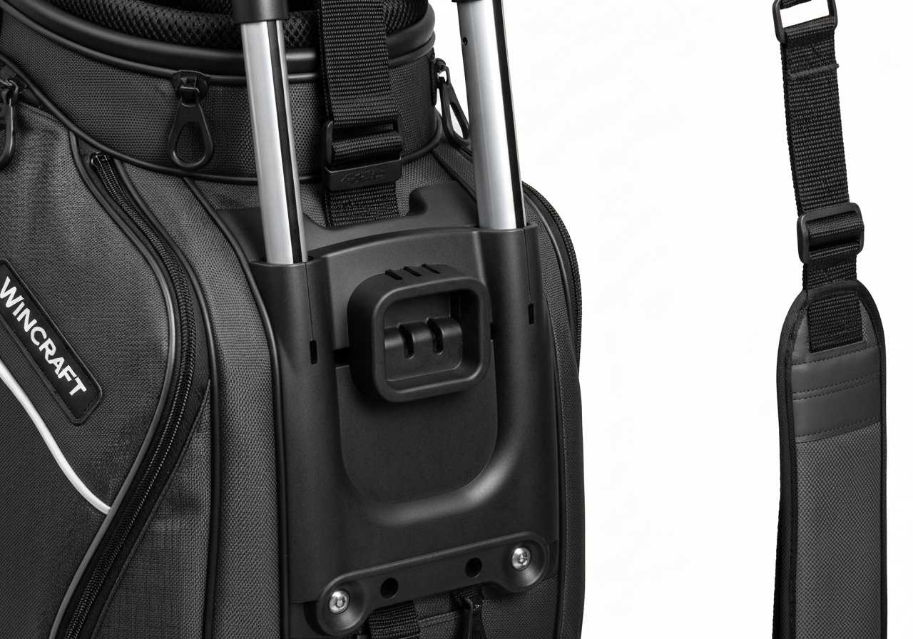 Wincraft Bucket III golf bag showing inline wheels, handle, and cart strap system