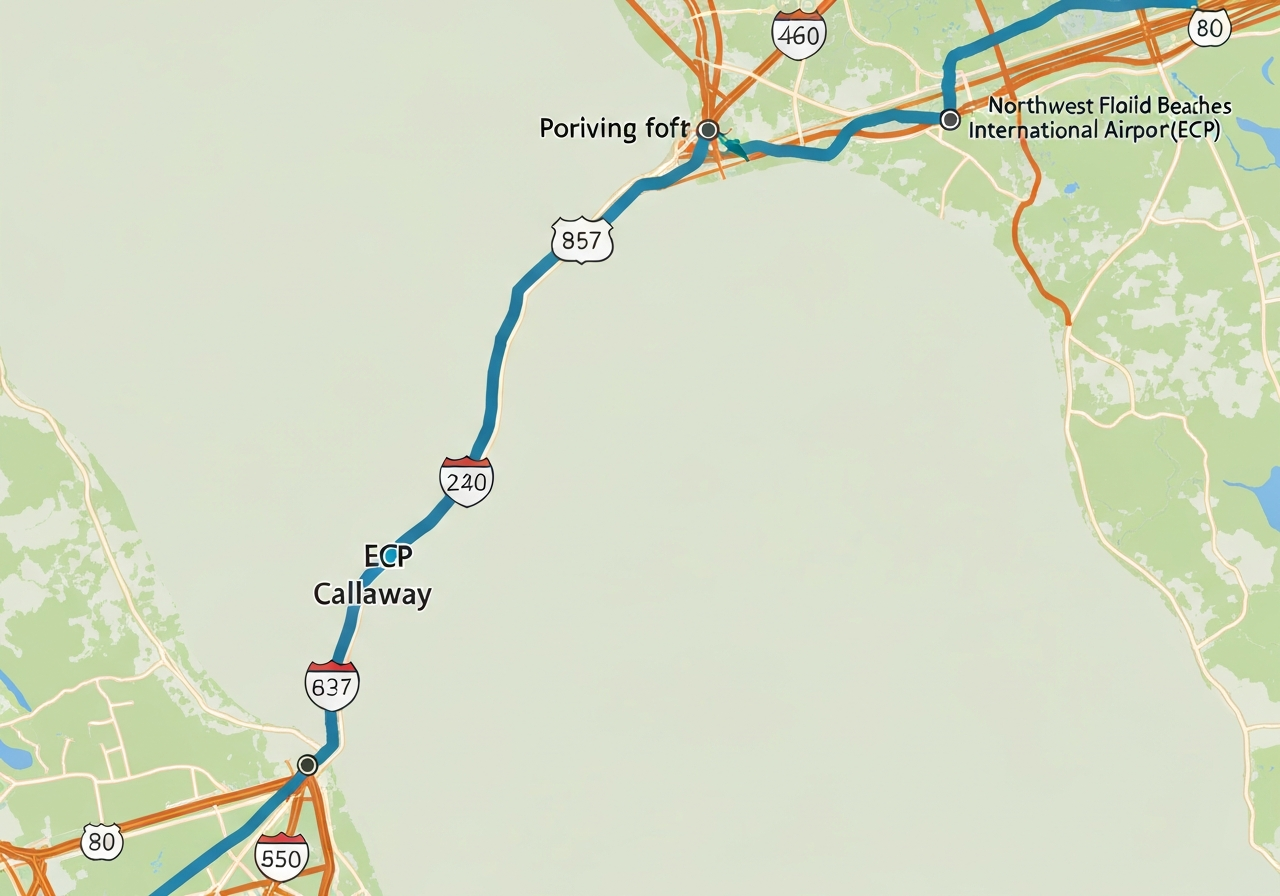 Route map from Callaway, Florida to ECP airport with highway labels