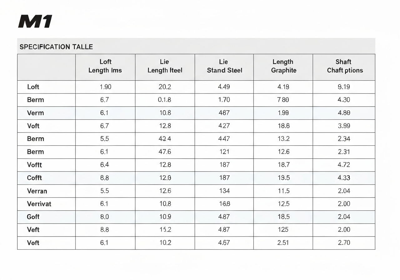 TaylorMade M1 iron specifications table with loft, lie, shaft and price details