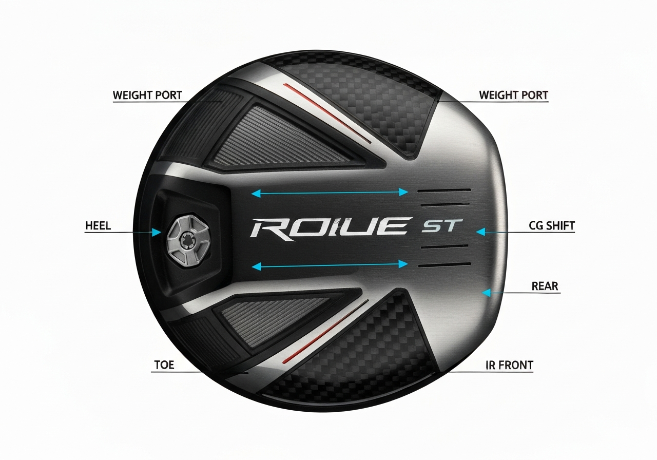 Callaway Rogue ST driver weight port locations center of gravity shift illustration