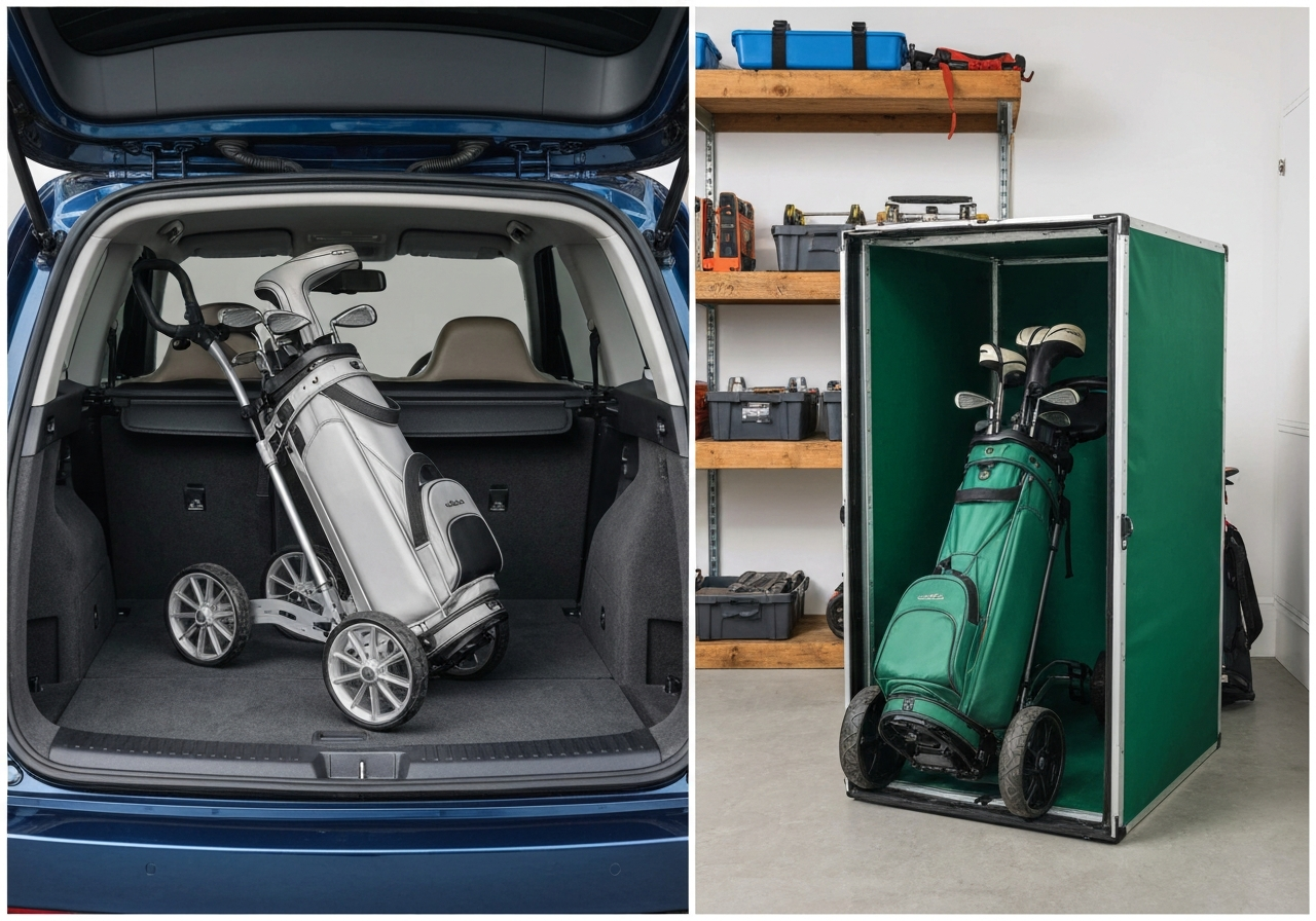 Fastfold Flat 3 Wheel Golf Trolley Review (2026): Compact, Stable & Best Value 2 User photos of Fastfold trolley stored in various locations
