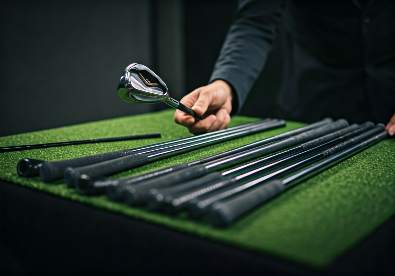 Custom iron set with personalized shafts and grips being presented to a golfer