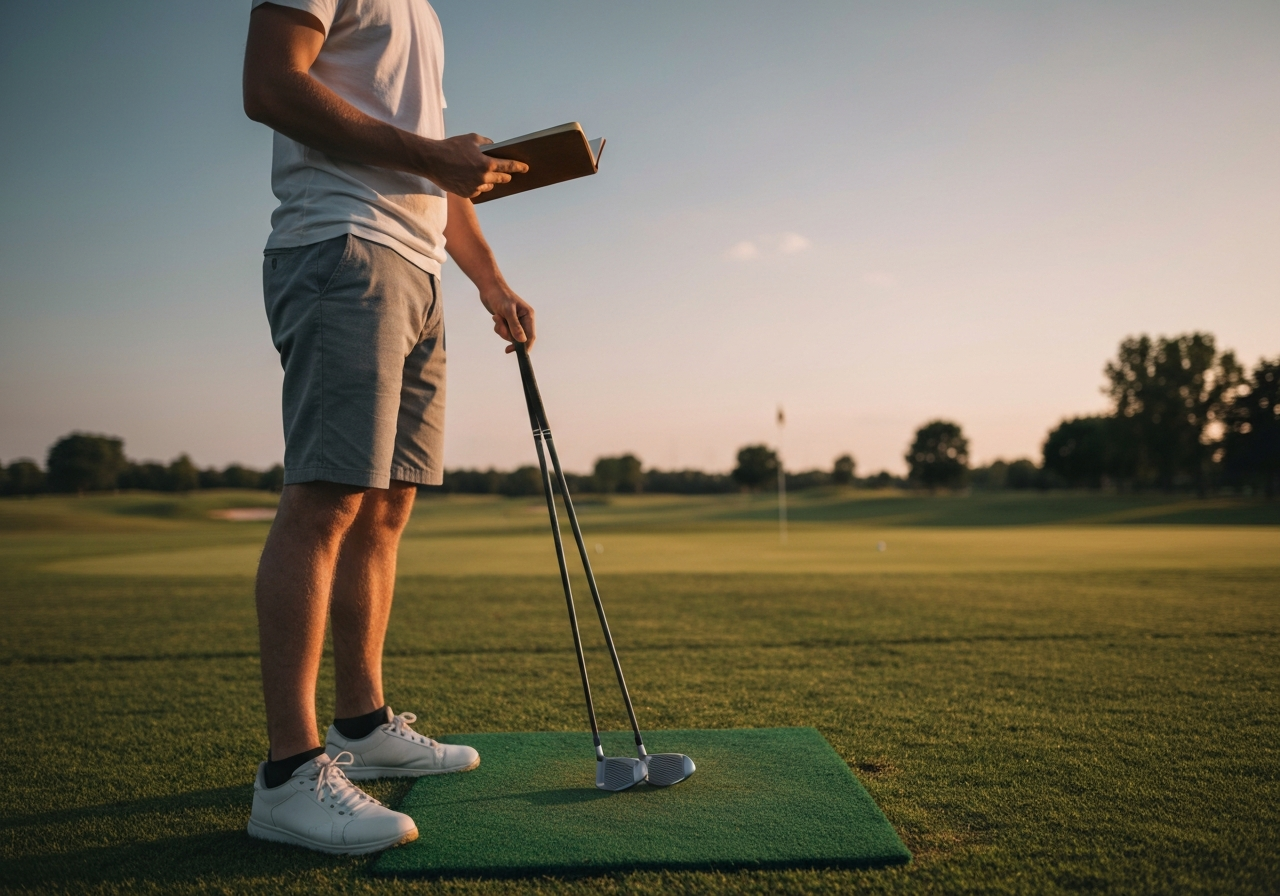 Golfer preparing for a Taylormade fitting with clubs, gloves, and notes