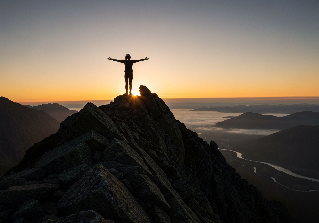 Hiker silhouette on mountain summit at sunrise