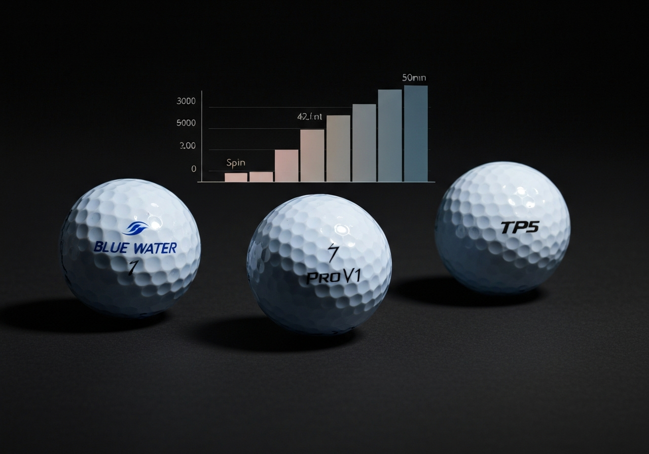 Bar graph of ball speed and spin comparison for Callaway Blue Water, Titleist Pro V1, TaylorMade TP5