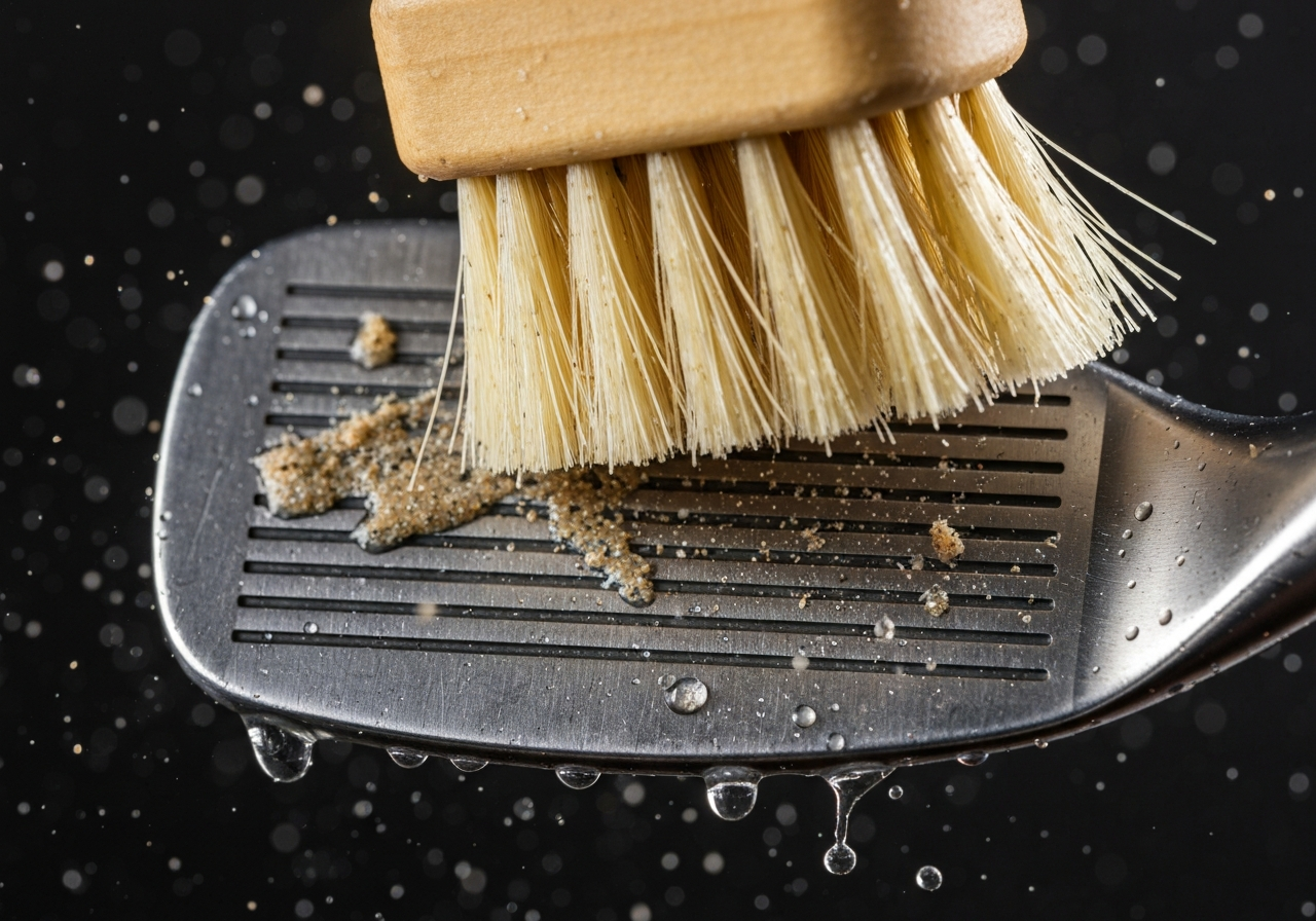 Groove cleaning tool being used on a TaylorMade pitching wedge