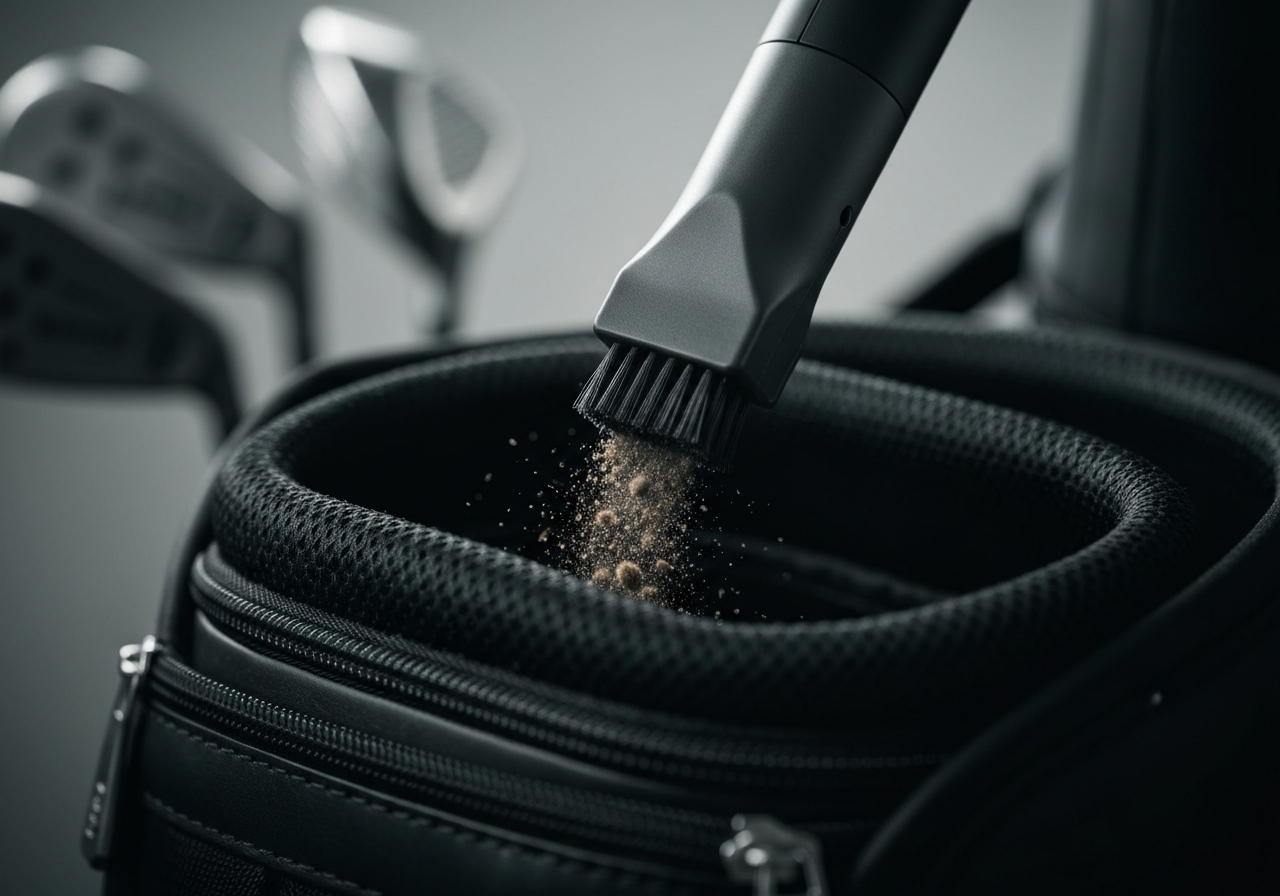 Handheld vacuum cleaning debris from a golf cart bag pocket