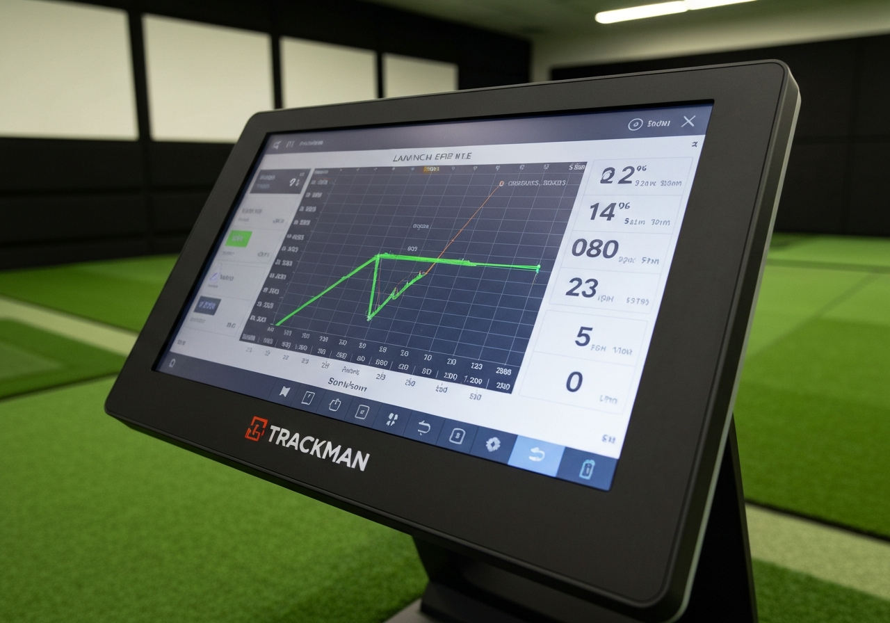 TrackMan launch monitor displaying launch angle and spin rate for a driver shot