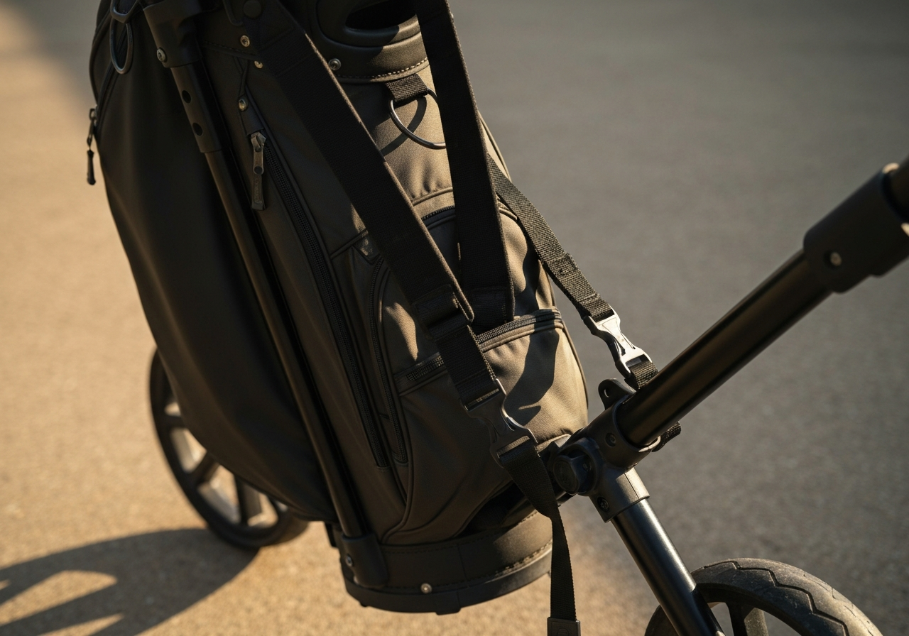 Adjusting straps on Titleist Cart 14 bag for optimal stability on a golf cart