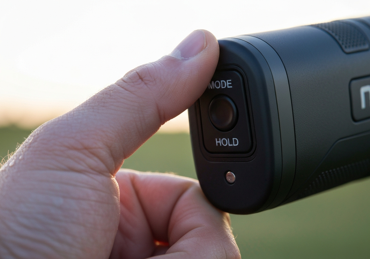 Closeâup of the Mode button on a Callaway 200 rangefinder being held to enter settings
