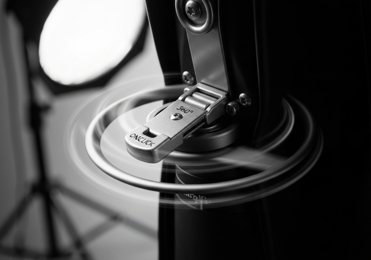 One-click folding mechanism and swivel wheel detail