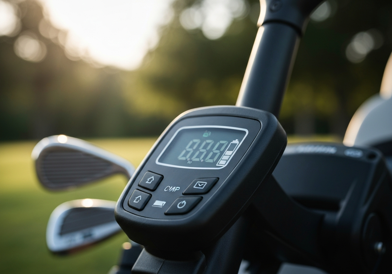 Motocaddy trolley control panel showing speed settings and battery level