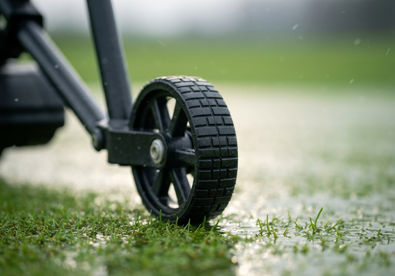 Qwik Fold trolley wheels on wet grass showing traction