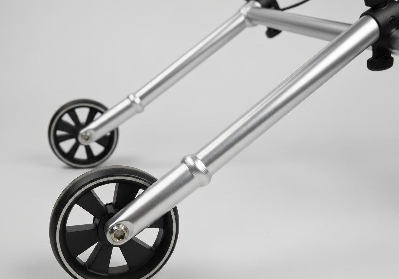 close up of aluminum frame and wheel hub of a three wheel golf trolley