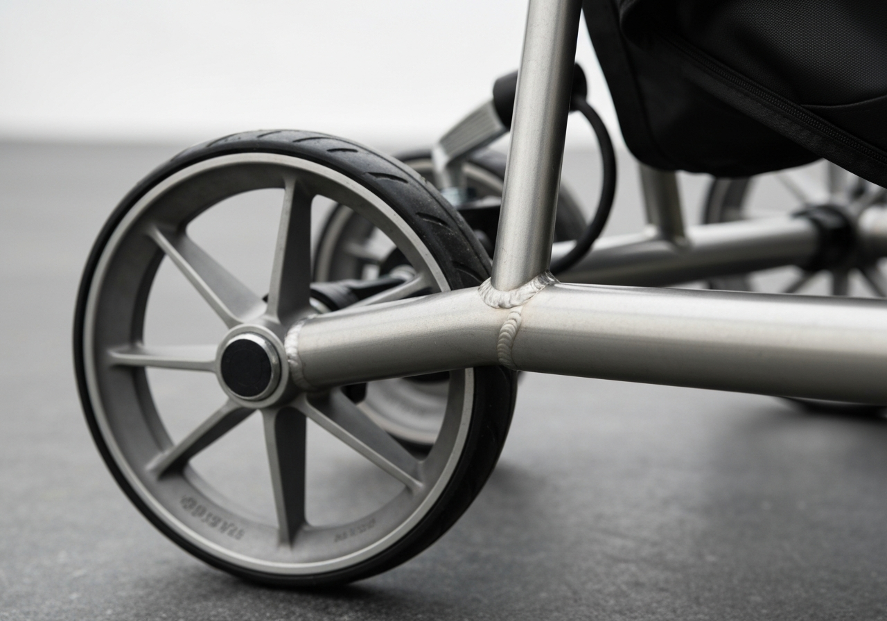 Close-up of golf trolley wheels and aluminum frame