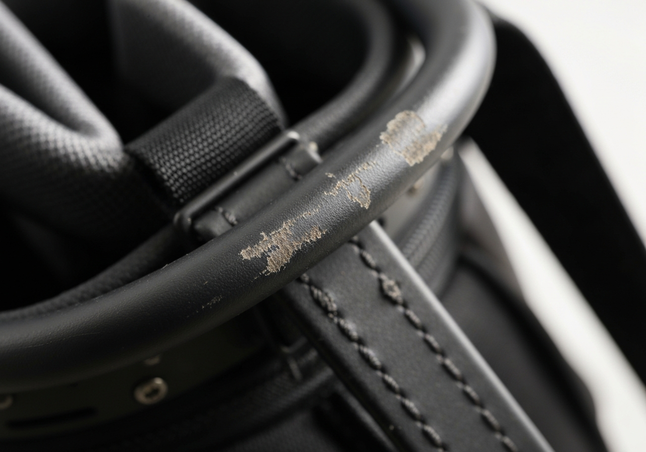 Wear points on stand bag strap and frame indicating maintenance needs