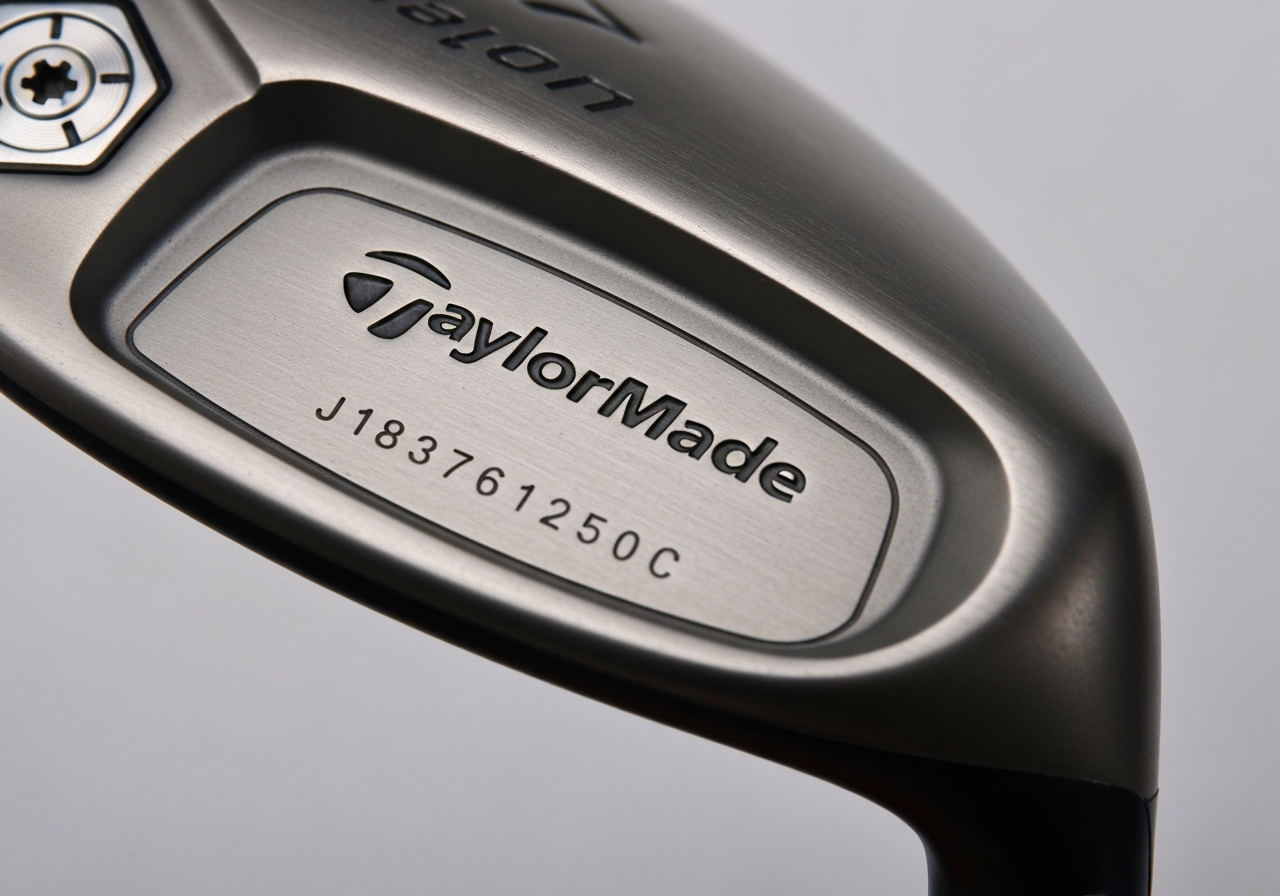 Detail of authentic TaylorMade clubhead highlighting logo, serial number, and finish