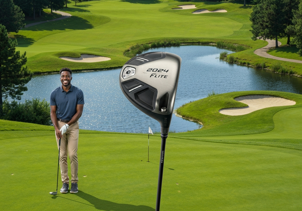 Top Flite 2024 driver, irons, and golf balls on display