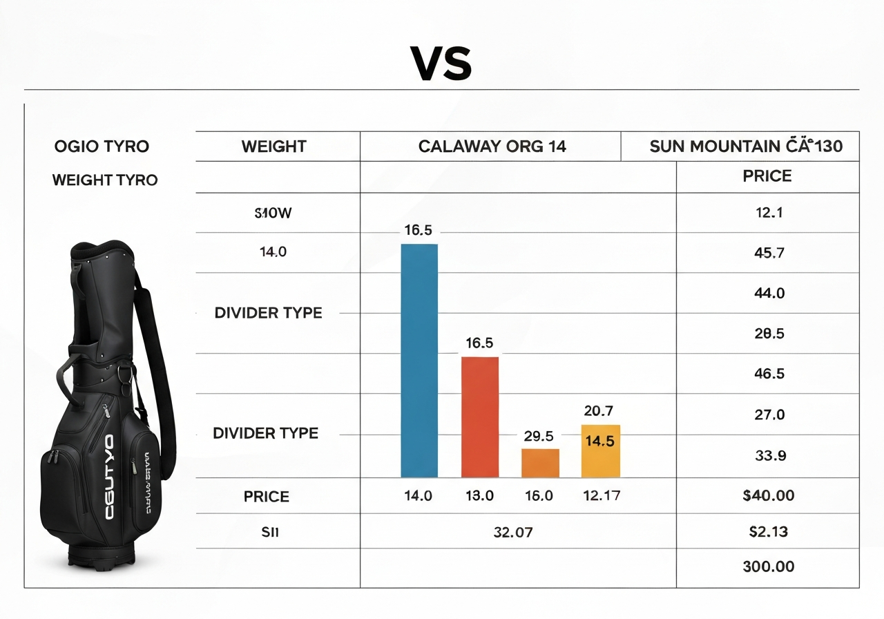 Comparison chart of Ogio Tyro vs Callaway Org 14 vs Sun Mountain Câ130 cart bags