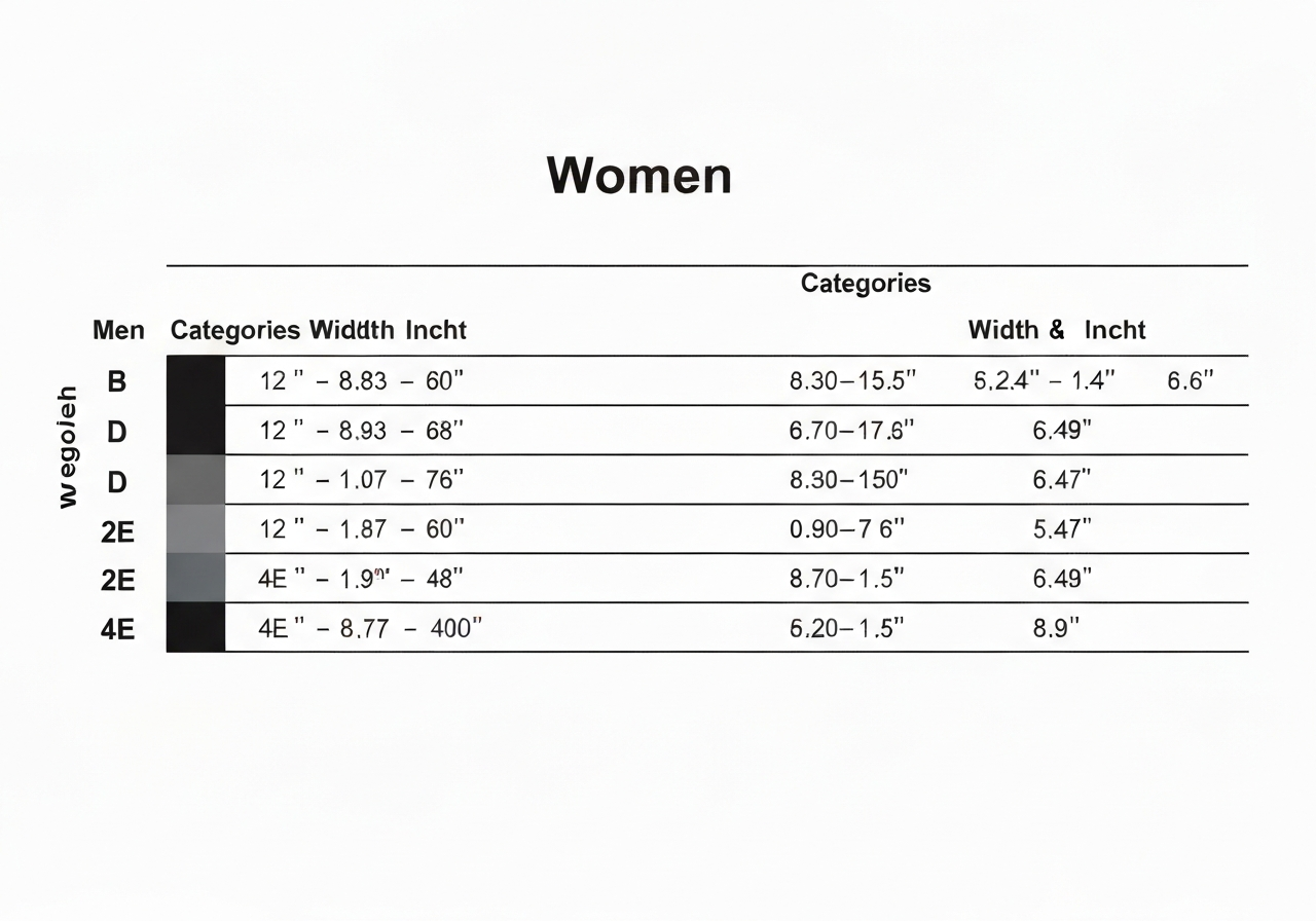 Width chart for Callaway golf shoes