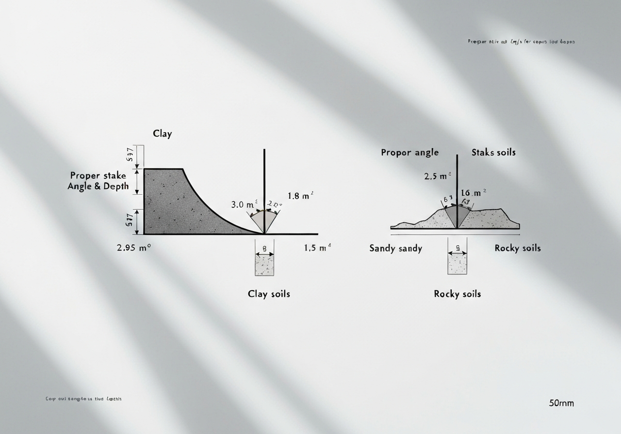 Stake installation guide: 12â¯in depth, 15âdegree angle for clay; deeper with sandbags for sand; rock anchors for rocky ground