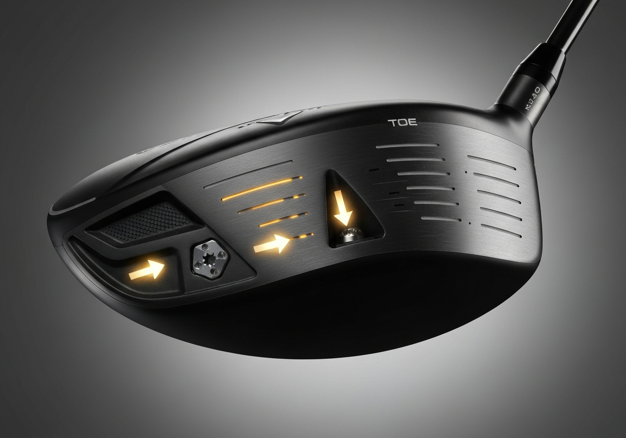 Diagram showing heel and toe weight ports on a Callaway driver for draw bias adjustment