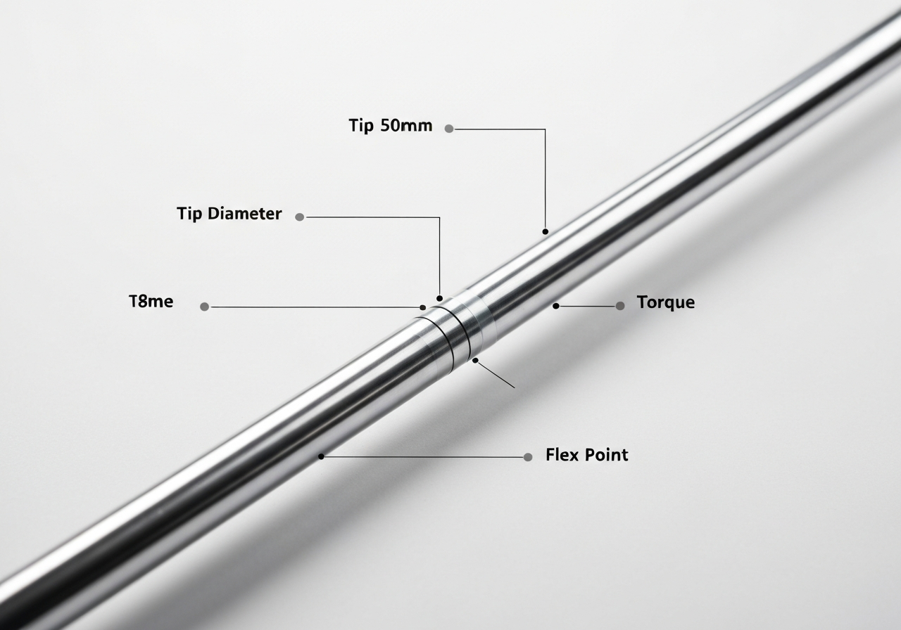 Gross anatomy of a golf shaft highlighting tip diameter, torque, and kick point
