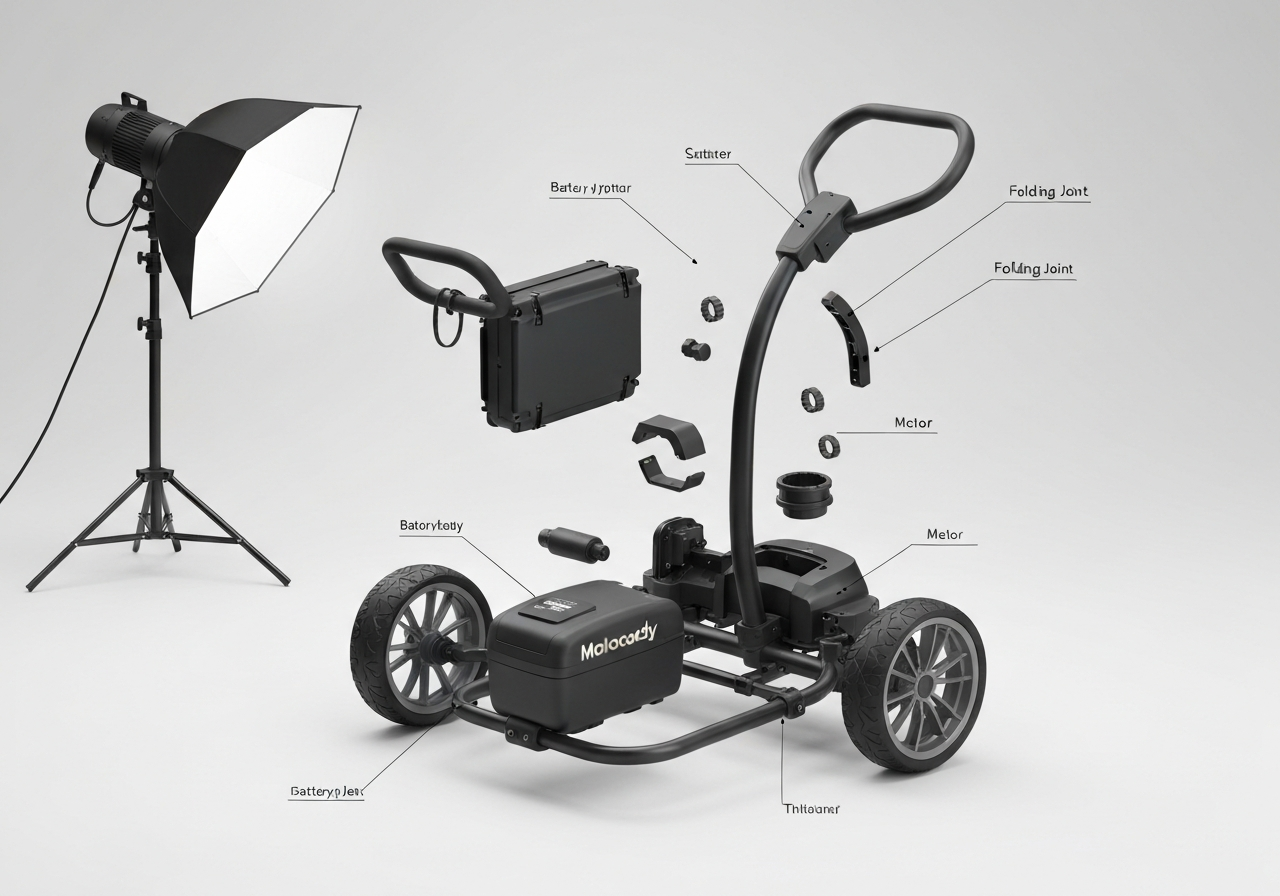 Exploded view of Motocaddy electric golf trolley components