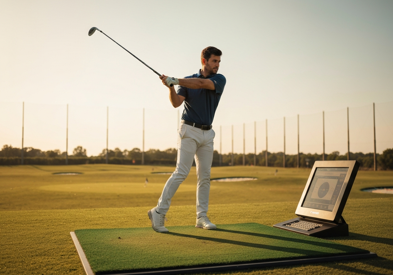Golfer checking launch monitor data with Taylormade Speedblade iron