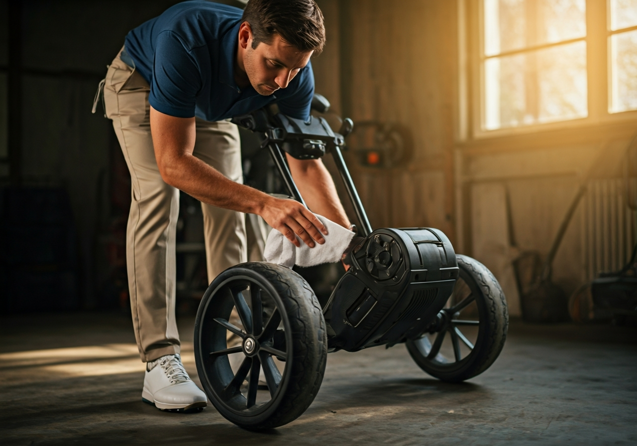 golfer performing maintenance on a battery operated golf trolley